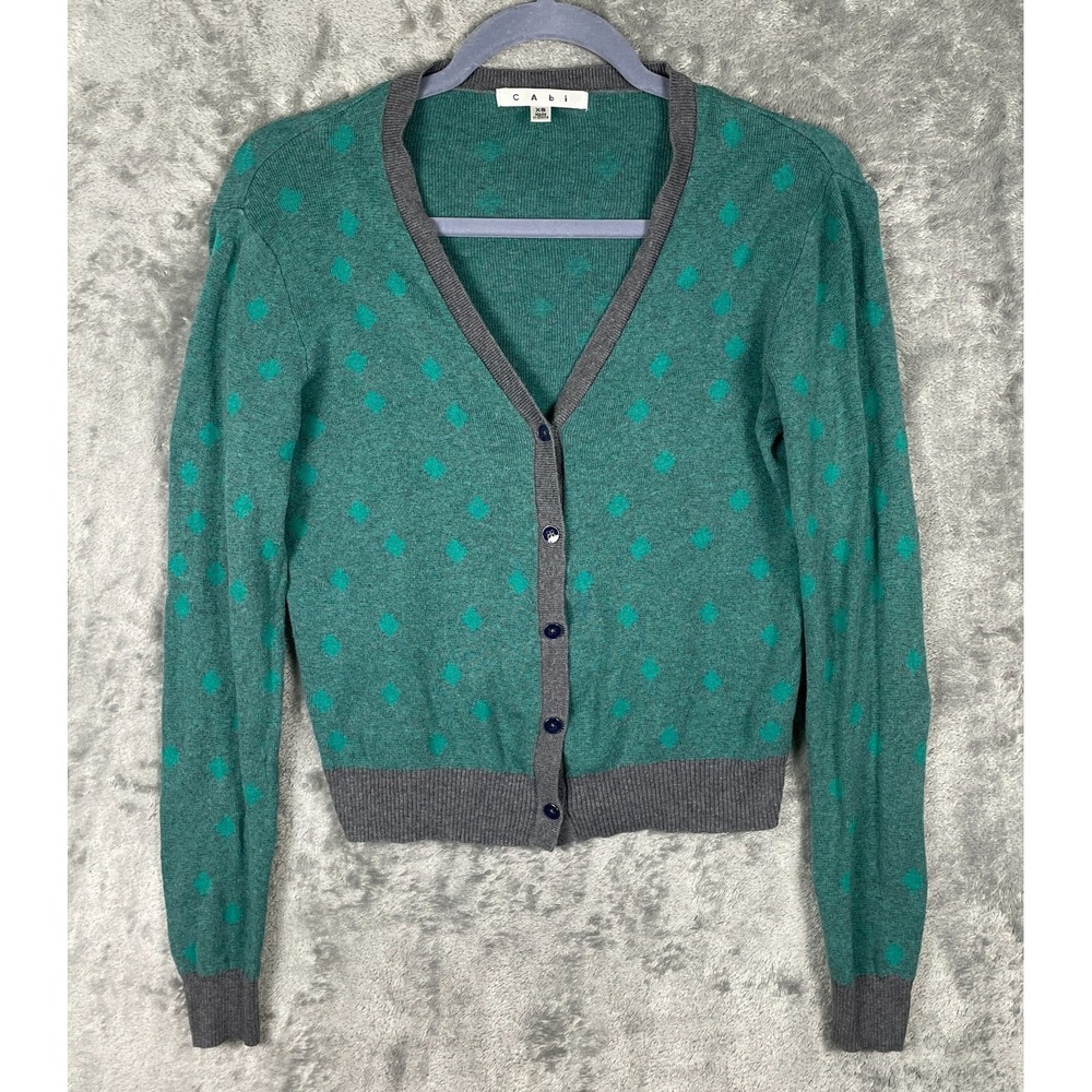 Cabi Button Front Cardigan Sweater Size XS Green Gray V-Neck Cotton Knit Stretch